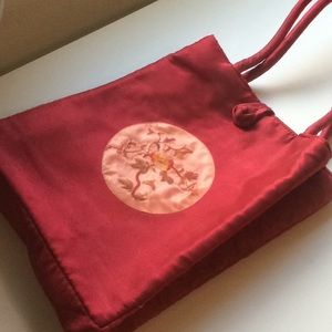 Red Gold Asian Chinese Zippered Tote Bag with Handles Embroidered Flowers